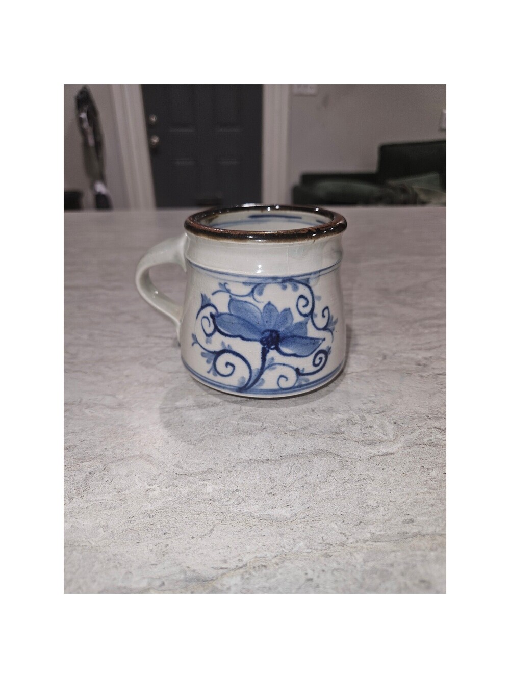 Handmade Pottery Mug Blue Floral Hand Painted White Stoneware Coffee Cup Rustic